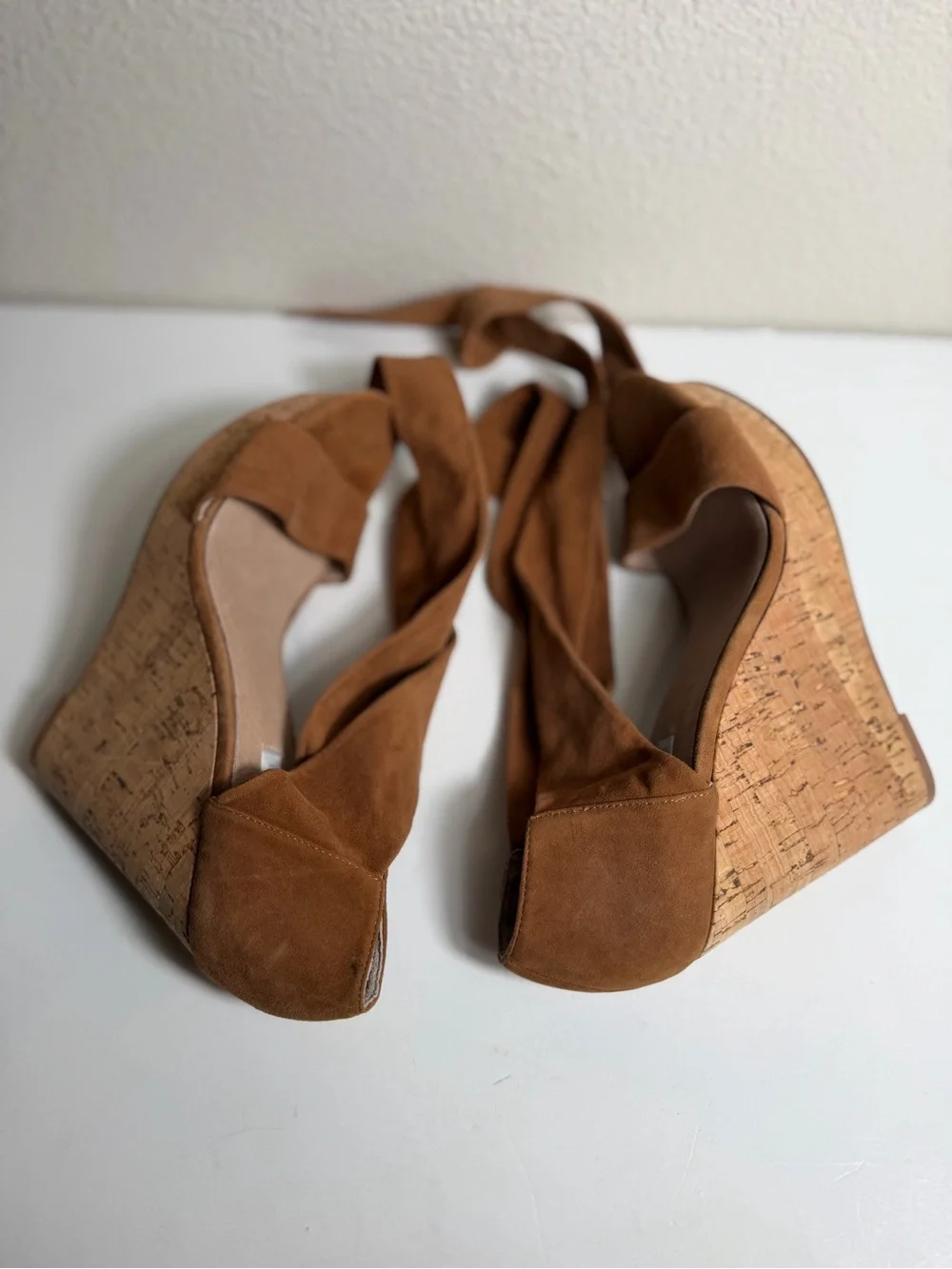 Saks Fifth Avenue~Cognac~Suede Leather Wrap~Cork~Wedge~Platform~Sandal~Size 9.5